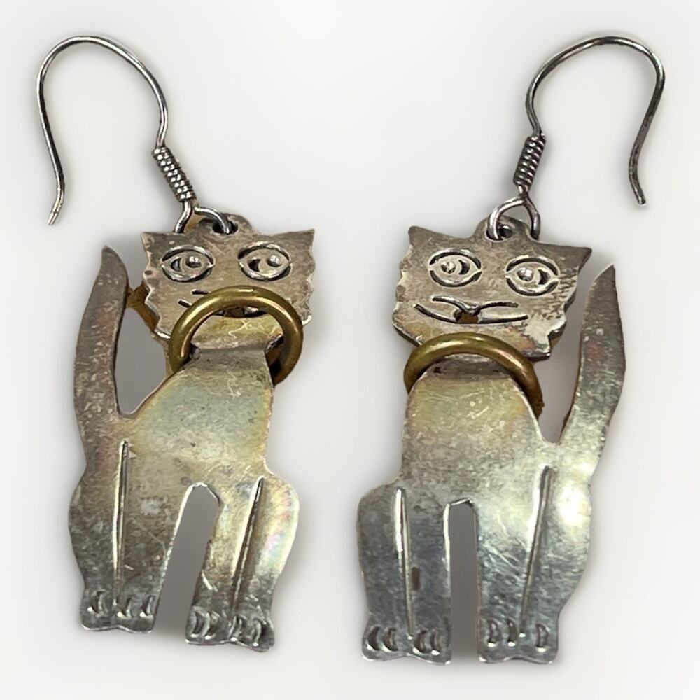 Silver and Gold Cat Dangle Earrings - Women's Jewelry - Picture 12 of 16